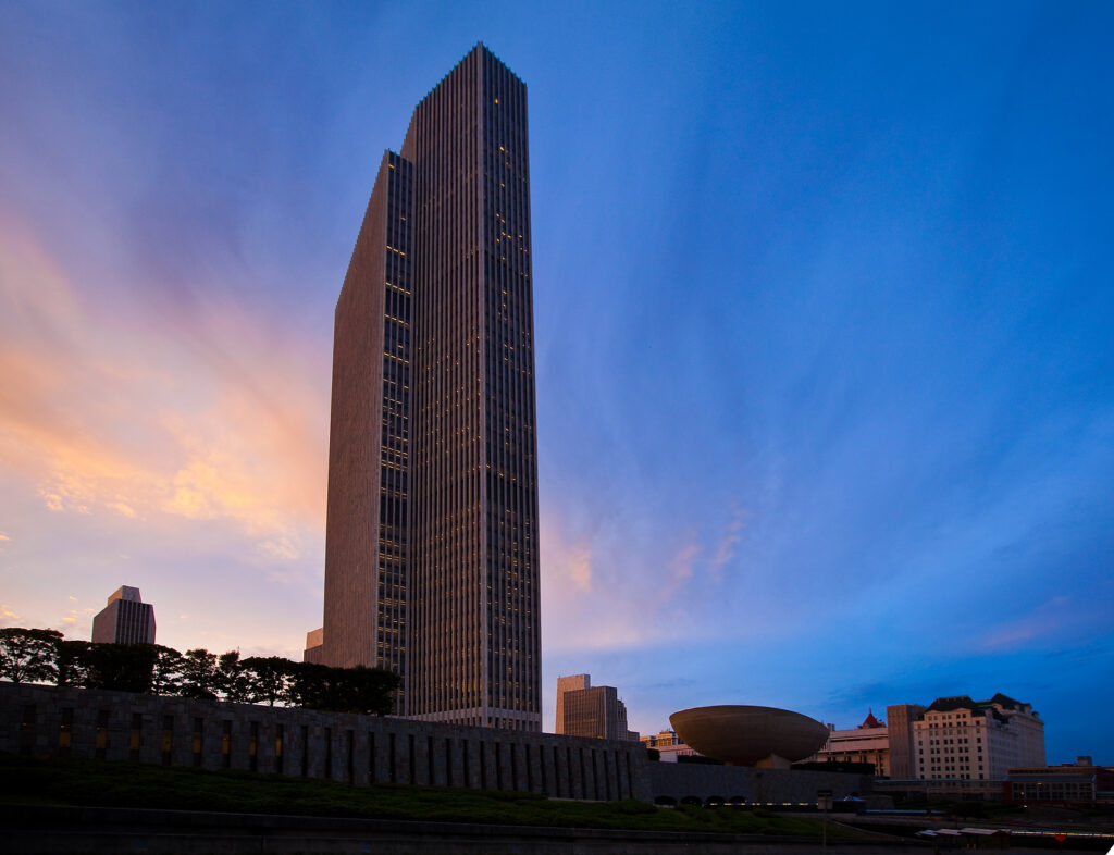 The Erastus Corning Tower is pictured in Albany, NY. The Erastus Corning Tower is part of The Governor Nelson A. Rockefeller Empire State Plaza (known commonly as the Empire State Plaza and less formally as the South Mall).