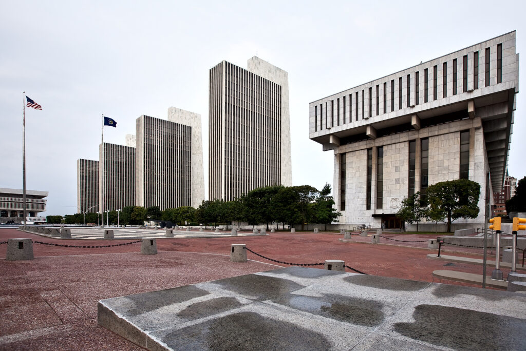 The Agency buildings and the Legislative Office Building, offices of the New York State Legislature, are pictured in Albany, NY. They are part of The Governor Nelson A. Rockefeller Empire State Plaza (known commonly as the Empire State Plaza and less formally as the South Mall).